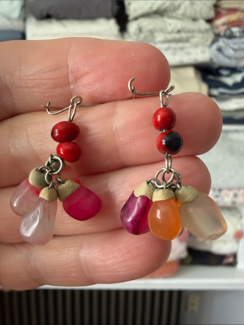 Handmade Multi-Color Beaded Drop Earrings - Red, Pink, Orange, Cream